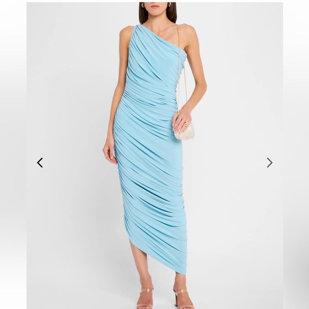 Norma Kamali One-Shoulder Ruched Midi Dress in Light Blue